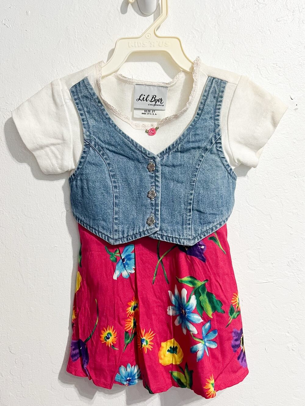 VTG Lil Byer Dress Toddler 2T Vest Floral Short Sleeve Western Denim Pink 90s